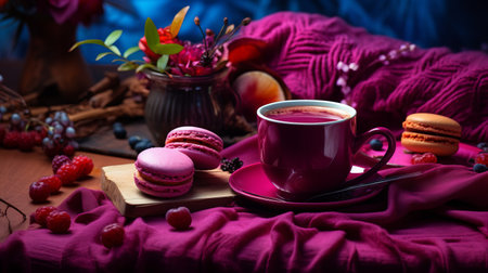 two mugs of hot chocolate are placed on a vibrant purple background, surrounded by delectable macaroons and fresh fruit. the composition exudes an air of luxury with its dark magenta and light crimson fabrics. the harmonious coloration of dark pink and sky-blue evokes a romantic emotion, while the monochromatic color scheme adds a touch of elegance. the cranberrycore adds a pop of contrasting color. aiの素材