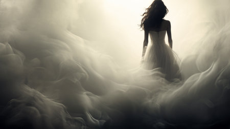 a ghost dressed in white saunters through a dark cloud, captured in a romantic soft focus and ethereal light. the smokey background adds to the dramatic ambiance, while the flowing silhouettes and feminine imagery create an enchanting visual. this photography installation embraces dark symbolism and plays with dramatic shadows. ai generatedの素材