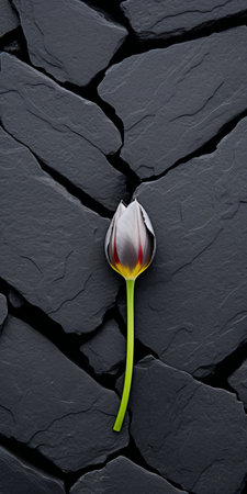 a lone plant emerges through a weathered stone wall, symbolizing feminine empowerment. against a black backdrop, the cracked and emotive fields of color evoke a strong emotional impact. this artwork, reminiscent of hyman bloom's style, skillfully depicts trapped emotions, merging strength and vulnerability. ai generatedの素材