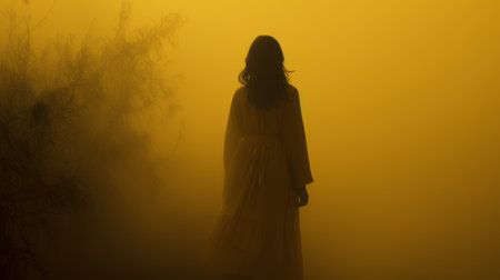 a silhouette of a woman stands in a foggy field, creating a dramatic and somber atmosphere. the dark yellow and light white colors add to the religious and horror-inspired style of the image. with an 8k resolution, this photograph by naoko takeuchi captures the essence of southern gothic and evokes a transcendent feeling. ai generatedの素材