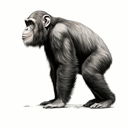 a digitally illustrated desktop wallpaper featuring a human and chimpanzee in a forced perspective drawing style. the image showcases a dark white and light gray color scheme with isolated figures on a white background. the artwork combines primitivist realism and digital airbrushing techniques. this free image is available under a creative commons attribution license. ai generatedの素材