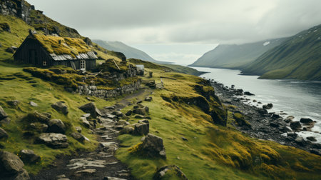 tall grass covers a green hillside, resembling fantastical ruins in this atmospheric and moody landscape. this norwegian nature scene, captured through documentary travel photography, showcases a romantic riverscape. the image evokes a sense of wonder, as if it were a fantastical street brought to life, reminiscent of a mesmerizing matte painting. ai generatedの素材