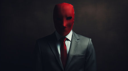 a man in a suit wearing a red mask on his face, embodying a melancholic symbolism. this photo showcases a unique pop culture mashup, with realistic lighting enhancing the iconic pop culture references. the voyeuristic approach adds depth to the composition, while the understated sophistication is evident in the man's emotive body language. ai generatedの素材