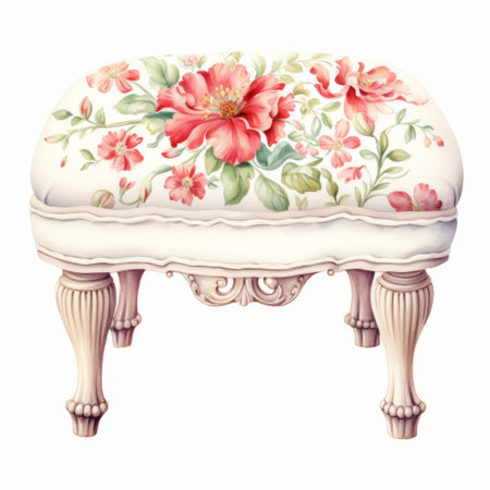 a vintage ottoman featuring a shabby chic style with influences from cath kidston and emma bridgewater. this hyper realistic watercolor clipart showcases intricate details without any shadows. it is a single design print on demand image, available in png format with a transparent background for easy removal. ai generatedの素材