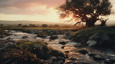 rocks by the river in the english countryside, captured in a dreamy and romantic style. this 8k resolution image by jessica rossier showcases the beauty of emek golan, bathed in golden light. experience the breathtaking scenery and immerse yourself in the tranquility of nature with this uhd photograph. ai generatedの素材