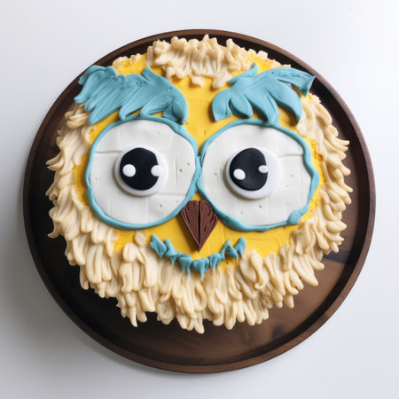 a cake with an owl, featuring a light yellow and dark azure color scheme, reminiscent of the artistic styles of patricia piccinini and kuno veeber. the cake is adorned with dark brown and light azure accents, inspired by the works of emil nolde. the owl's dynamic and exaggerated facial expressions are captured from a birds-eye-view perspective. ai generatedの素材
