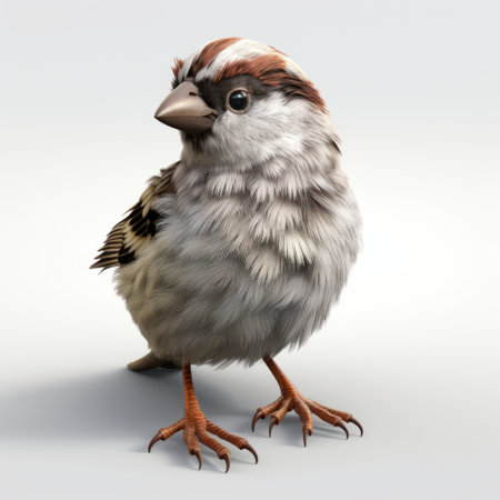 a small bird, with light white and dark brown feathers, gazes directly at the camera. the realistic rendering in the octane render style captures the bird's intricate details. the punctuated caricature effect adds a unique touch, while the sharp and prickly precisionist style enhances the bird's features. the spot metering technique ensures precise exposure and highlights the bird's captivating presence. ai generatedの素材