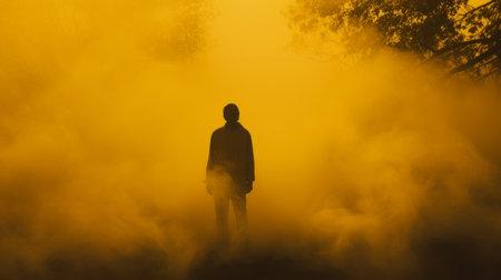 a dark silhouette of a tall man wearing a black coat stands in a misty field, surrounded by a smokey background. this conceptual installation art captures an ethereal urban scene with its dark yellow and amber tones. the underexposure adds to the mysterious atmosphere of the image. ai generatedの素材