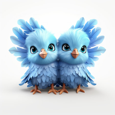 little cute bluebirds with high-quality fashion feathers are showcased in this 3d rendering created using 3ds max. the front view of these fantasy-style bluebirds is captured against a white background, giving them a whimsical and enchanting appearance. the design is reminiscent of the style seen in the popular unreal engine. ai generatedの素材