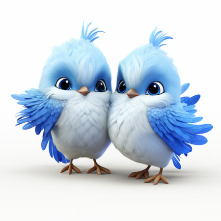 two blue birds, with cute and dreamy cartoonish designs, are standing together on a white background. this interactive media artwork by john wilhelm showcases charming characters with innovating techniques, including detailed feather rendering. ai generatedの素材