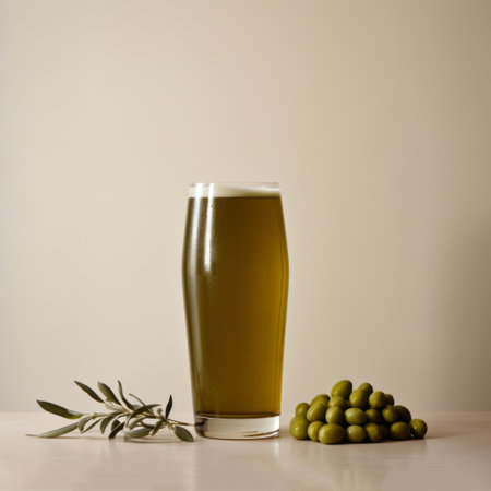 a glass of olive beer, adorned with olive leaves and branches, is captured in this photograph. the image showcases the distinct style of new american color photography, featuring a juxtaposition of hard and soft lines. the composition highlights the beauty found in mundane materials, while embracing elements of craftcore, voluminous forms, carcore, and duckcore. ai generatedの素材