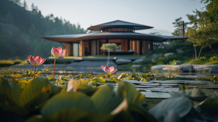 sleek hillside house design by olson kundig captured in this romanesque architecture photography. the close-up shot features a blurred lotus in the foreground, adding a touch of serenity to the composition. shot in 8k from a cinematic perspective, the image showcases professional color grading, epic volumetric lighting, and sharp focus. the film grain and atmospheric elements enhance the overall atmosphere. taken with a sony alphaの素材