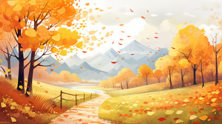 autumn wallpaper hd featuring free indiana phd with graphic novel inspired illustrations. luminous landscape painting captures playful cartoon illustrations amidst a backdrop of light orange and light gold autumn leaves. mountainous vistas blend with traditional oil paintings, showcasing flowing brushwork in this captivating autumn wallpaper. ai generatedの素材