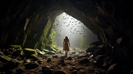 jessica walking through a cave with a bird following, showcasing the natural beauty of the surroundings and their connection with nature. high-angle perspective and wide-angle lens capture the scene, while the bird adds a playful element. ai generatedの素材
