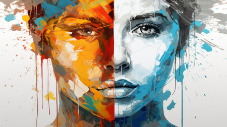 3d watercolor painting of a fragmented portraiture style artwork for women. the piece showcases a combination of light cyan and dark amber colors, creating a striking contrast. the raw versus finished elements add depth to the artwork, while the monochrome portraits and strong use of contrast give it a graphic street art feel. ai generatedの素材