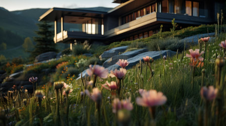 sleek hillside house design by olson kundig captured in this romanesque architecture photography. the close-up shot features a blurred lotus in the foreground, adding a touch of serenity to the composition. shot in 8k from a cinematic perspective, the image showcases professional color grading, epic volumetric lighting, and sharp focus. taken with a sony alpha a7 iii camera and a sony fe 24-105mm f/4 gの素材