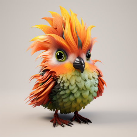 a miniature orange bird with colorful hair and brown feathers, created in the style of zbrush. this cute and colorful bird showcases the artist's skill in digital art techniques, using cryengine to bring it to life. with its sharp and prickly appearance, the bird's electric colors and strong facial expression make it a captivating piece of artwork. ai generatedの素材