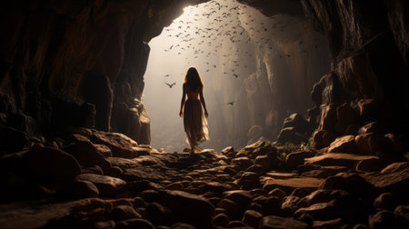 jessica walking through a cave with a bird following, showcasing the natural beauty of the surroundings and their connection with nature. wide-angle lens captures the high-angle perspective, while the bird adds a playful element to the composition. ai generatedの素材