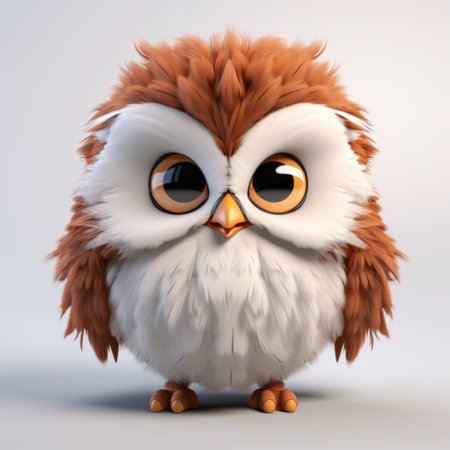 a 3d owl model, featuring charming character illustrations in a soft-focus technique. this uhd image showcases the owl's white and brown coloration, with free brushwork adding a touch of artistic flair. perfect for children's book illustrations, this eerily realistic owl brings a sense of wonder and whimsy to any project. ai generatedの素材