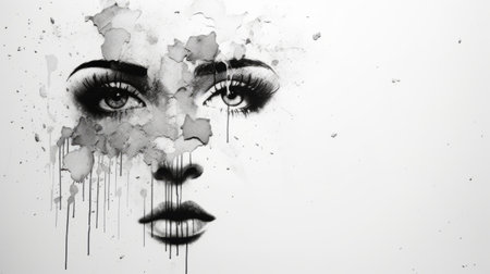 a fashion-inspired painting featuring a woman's face with intense black eyes and streaks, showcasing the artistic style of fashion illustration. the artwork incorporates textured splashes and is presented in a captivating black and white grayscale. this ceramic street art piece exhibits delicate chromatics, resulting in a high-definition image that appears beautifully disintegrated. ai generatedの素材