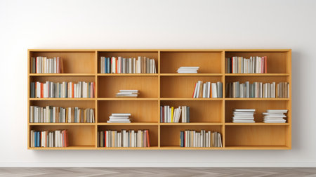 three bookshelves, mounted on a white wall, create a visually striking display. the shelves, rendered in a perspective style, feature a combination of light yellow and light brown colors. made from natural materials, these bookshelves exude an informal and lively interior atmosphere. they are adorned with various painting and writing tools, adding a creative touch to the space. rendered using octane render technology. ai generatedの素材