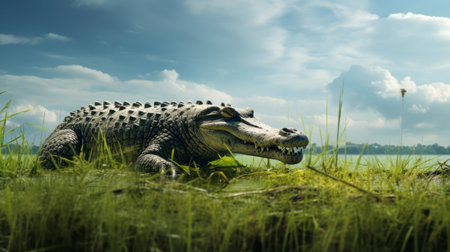 a toy alligator rests on the green grass, with a serene lake in the background. this hyper-realistic daz3d style illustration, reminiscent of raphael lacoste's work, showcases the intricate details of the alligator. the ultra hd image captures the essence of the scene, while the dark blue and white hues add a touch of historical illustration, reminiscent of frieke janssens' style. ai generatedの素材