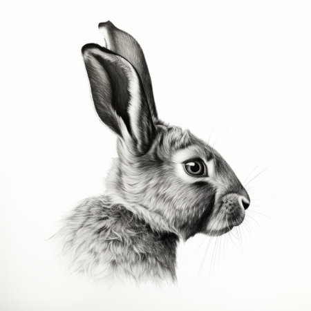 a black and white hyperrealistic drawing of a rabbit, showcasing hand-painted details and intense close-ups. this characterful animal portrait is rendered in 8k resolution, providing detailed and lifelike features. with its 32k uhd quality, this artwork captures the essence of wildlife in a stunning and captivating manner. ai generatedの素材