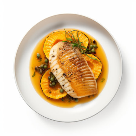 a plate with vegetables and a piece of fish, captured in a dark orange and amber style using a graflex speed graphic camera. the image has been digitally enhanced and features a simplified, dotted aesthetic. the fish is placed on a white background, creating a visually appealing composition. photographed by marcin sobas. ai generatedの素材