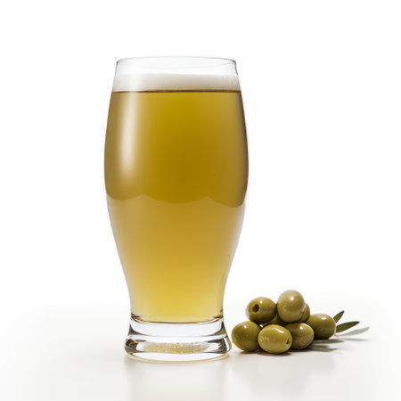 a photo showcasing beer and olives placed side by side. the composition is presented in a transparent-translucent medium, with a wetcore and bombacore effect. the smooth curves and precisionist lines create a visually appealing arrangement. the soft-edged elements and sabattier effect add an intriguing touch to the overall image. ai generatedの素材