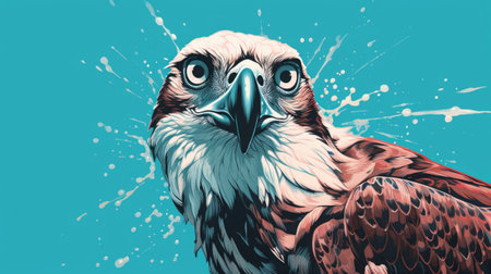a bird in flight is depicted in this graphic image, showcasing a realistic hyper-detailed portrait. the vibrant colors of sky-blue and maroon create a visually striking contrast. the bold poster style and inventive character design add a unique touch to this artwork. this piece combines elements of realistic animal portraits with a touch of psychedelic illustration, resulting in a captivating and visually stunning composition. aiの素材