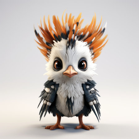 four skulker cartoon birds with mohawks are depicted in this childlike illustration style rendered in cinema4d. these vibrant characters feature explosive pigmentation, spiky mounds, and toy-like proportions. the color palette includes dark white and amber tones, adding a touch of intrigue. this artwork captures the essence of larme kei fashion. ai generatedの素材