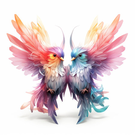 colorful birds with vibrant wings and flowers, depicted in a zbrush style. these energy-filled illustrations showcase contemporary animal sculptures with a romantic touch. the honeycore theme is evident in the symmetrical composition and the light use of color. ai generatedの素材