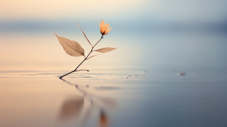 a flower standing in water with its reflection, showcasing a minimalist background in light orange and sky-blue. the leaf patterns add detailed background elements to this photograph by mikko lagerstedt. the image is both inspirational and realistic, with a stylized touch. ai generatedの素材