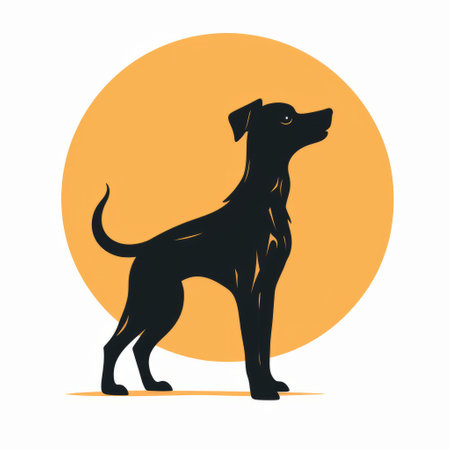 black dog silhouette on a vibrant yellow background, reminiscent of golden age illustrations. the rounded shape of the dog stands out in dark gray and orange hues, creating a striking contrast. this editorial illustration captures the essence of woodcut art, with circular shapes and spot metering adding depth and texture. ai generatedの素材