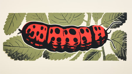 a black ladybird is depicted in this large-scale sculpture, placed on a vibrant green leaf. the artwork is created in the style of silkscreen, featuring light crimson and orange hues. the black-and-white block prints, bentwood, and lithograph techniques are used to beautifully capture the intricate details of this animal depiction. ai generatedの素材