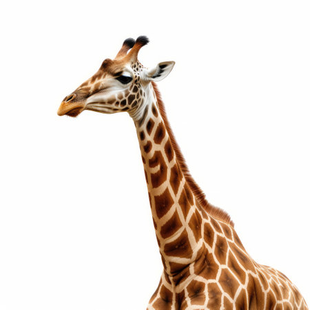 a giraffe stands against a white background, showcasing a photographically detailed portrait. the image is created using photo-realistic techniques, resulting in a high-definition (uhd) picture. the emphasis is on capturing the giraffe's facial expression. ai generatedの素材