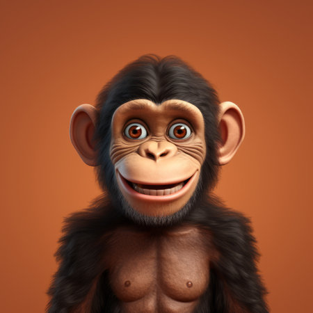 a playful cartoon chimpanzee is depicted in this 3d illustration. created using hyper-realistic portraiture techniques in zbrush, the illustration showcases the vibrant orange color of the chimp. the attention to detail and realistic rendering make this artwork truly hyper-realistic. ai generatedの素材