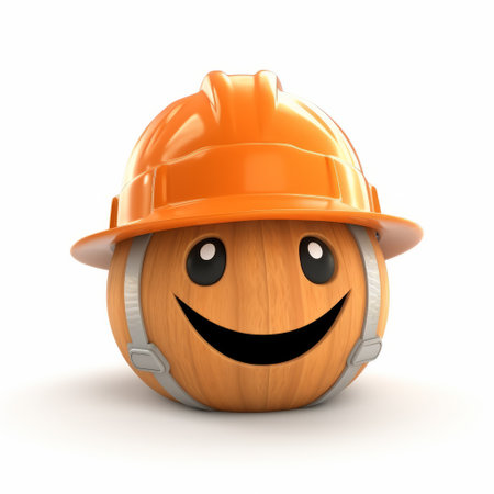 an illustration of a smiling orange hard hat toy with a wood texture. this detailed character illustration is done in the style of spherical sculptures, havencore, site-specific works, the new fauves, suburban ennui capturer, and gemstone. ai generatedの素材