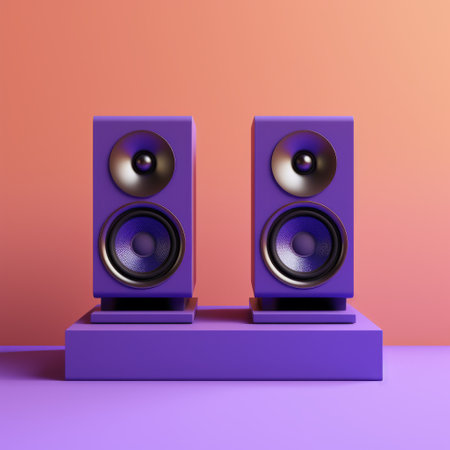 purple speakers on a flat platform, designed in a speaker speaker style reminiscent of daz3d. the warm color palette and saturated colorism add vibrancy to the composition. inspired by wim wenders, the two-dimensional dynamic still lifes feature tightly cropped compositions that capture the essence of the speakers. ai generatedの素材