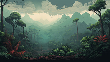 a black and white photograph captures a lush green jungle with towering trees in the background. reminiscent of the artistic styles of noah bradley, kerem beyit, kevin hill, and papua new guinea art, this hyper-detailed illustration showcases a multicolored landscape with a striking contrast between light red and dark green hues. ai generatedの素材