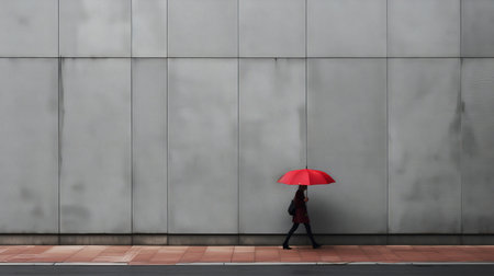 a person holding an umbrella in the style of urban minimalism. the image showcases the ssaku hanga technique with a combination of light gray and red colors. the sharpness and texture-rich elements add depth to this uhd image, featuring non-representational forms. ai generatedの素材