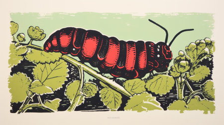 a bug on a leaf is depicted in a linocut print style on a vibrant green background. the artwork showcases a polished metamorphosis, capturing the essence of large-scale public art. the drawing features characterful animal portraits and a naturalistic landscape, creating a unique and captivating grocery art piece. ai generatedの素材
