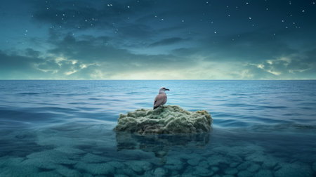 a bird perches on a rock in the ocean at night, creating a dreamlike scene reminiscent of illustrations. the photo features a dark beige and cyan color palette, with spectacular backdrops adding to the ethereal atmosphere. the matte finish enhances the dreamy effect, while nature-inspired installations add a touch of artistry. this captivating image, reminiscent of an associated press photo, showcases a beautiful blend ofの素材