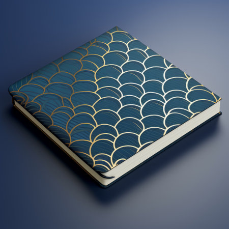 notebook for dental office in chicago: this product design features a notebook specifically created for guests of a dental office in chicago. the design incorporates the use of science and showcases a seamless pattern of seigaiha, along with an alcohol ink texture. predominantly blue and gold, this notebook offers a stylish and functional solution for dental office visitors. ai generatedの素材
