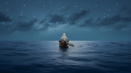 a large seagull gracefully perched on the water, captured in a cinematic moonlit seascape. this stunning artwork, created using cinema4d, features richly detailed backgrounds in dark sky-blue and light brown hues. the image tells a creative and symbolic story, blending elements of absurdist installations with its unique and captivating style. ai generatedの素材