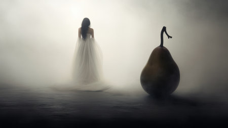 a lady walks with a large ripening pear against a foggy backdrop, capturing the essence of trapped emotions. this photo embodies the fanciful romanticism seen in the works of philip mckay and felicia simion. with a focus on still life, the image showcases an elongated and dramatic composition, reminiscent of the dark white aesthetic. ai generatedの素材