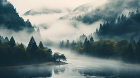 a stunning landscape photograph capturing a very large river flowing beneath a beautiful tree line. the ethereal and dreamy style of the image is enhanced by the atmospheric and smokey background. this atmospheric woodland imagery showcases the mountainous vistas in a captivating way, reminiscent of the works of ephraim moses lilien. ai generatedの素材