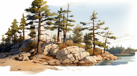 a digital illustration of a shore with trees and bushes, showcasing the artist's ink wash painting style. this high-resolution artwork captures the romanticized beauty of the wilderness, combining elements of plein-air realism with detailed character illustrations. the result is a visually stunning piece reminiscent of xbox 360 graphics. ai generatedの素材
