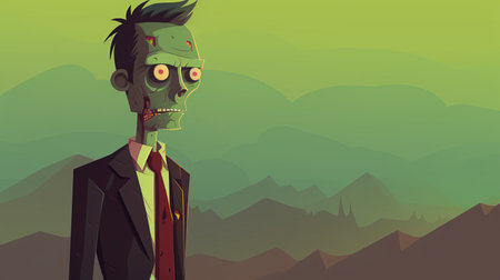 a single zombie, dressed in a suit with sunglasses, stands at a cliff. the minimalist background features light green and maroon colors, creating a simplified and stylized portrait. the dark atmosphere adds to the overall aesthetic. this vibrant illustration is available under a creative commons attribution license and is in 32k uhd resolution. ai generatedの素材