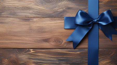 a blue ribbon is elegantly tied on a polished wooden background, showcasing the craftsmanship of stephen shortridge. the dark navy and beige colors create a sophisticated contrast. this high-definition image captures the beauty of flat surfaces, blending romantic idealism with elements of industrial and product design. ai generatedの素材